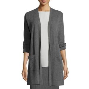 Eileen Fisher Gray Wool Ribbed Open Front Cardigan Sweater Pockets Minimalist XS